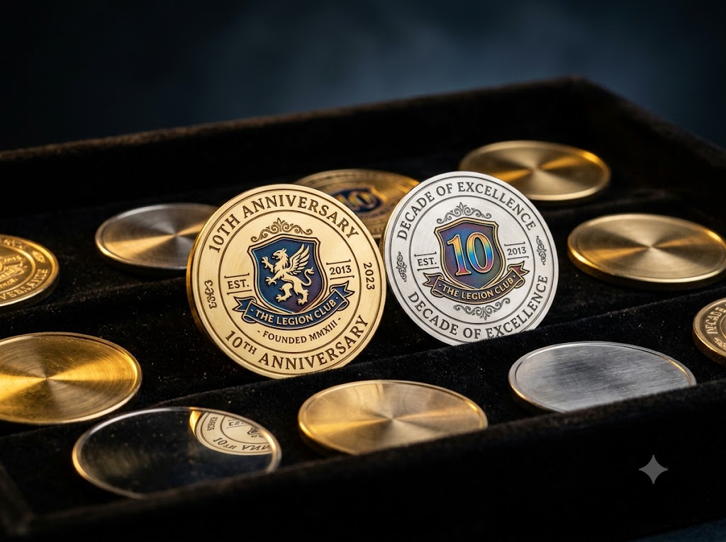 Monedas personalizadas grabadas en lat??n e inox con MOPA a color