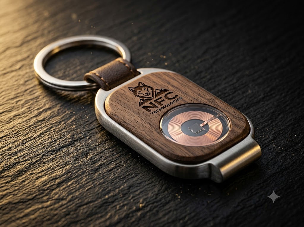 Llavero NFC premium en madera y metal con grabado l??ser