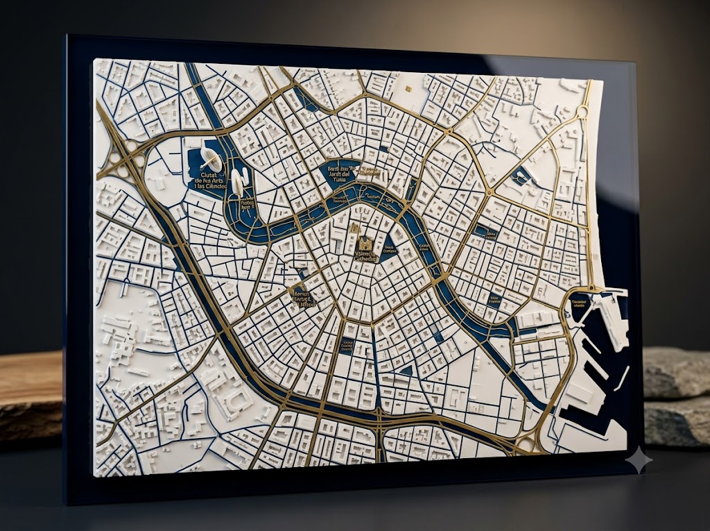 Mapa 3D personalizado de Valencia con impresi??n UV en oro y azul